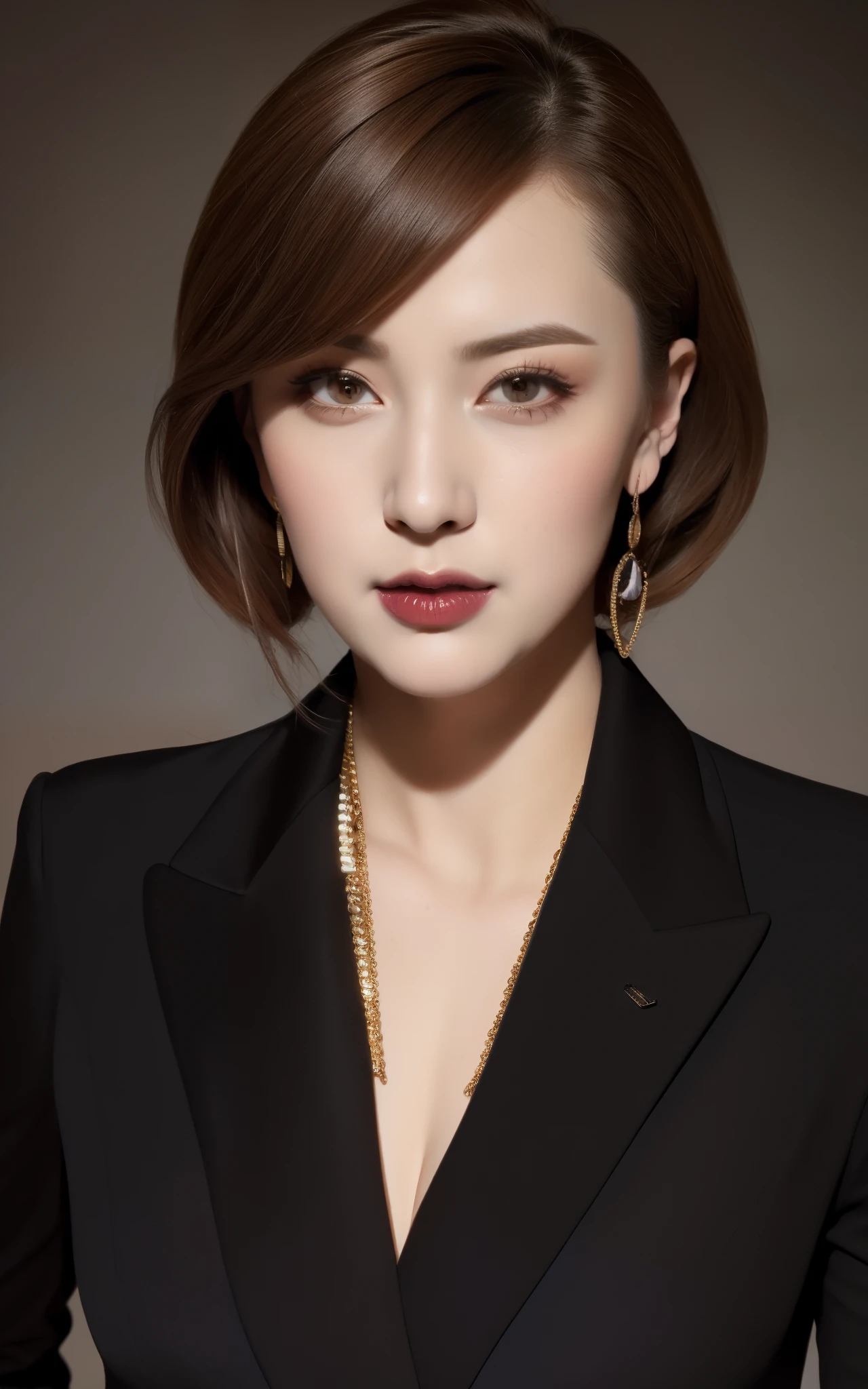 masterpiece,best quality, (1 milf), ((portrait:1.5)), makeup, hound tooth pattern blazer, elegant black shirt, contrapposto, ((seduction expression)),