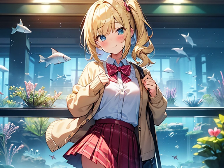 Top quality, 1 beautiful woman, junior high school student, Blonde, (side ponytail), Medium Hair, Wavy Hair, standard weight, happy, clised eyes, blush, Cardigan, frill skirt, (Neon Lights):1.3, (in aquarium building), beautiful scene, cowboy shot