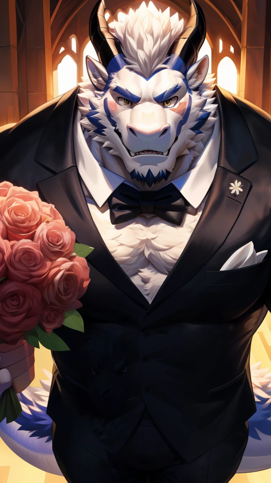 Solitary, anthropology, hairy, hairy male, dragon, ((Fluffy fur, Fluffy, hairy body)), (dragon印), (short beard), youth, white body, muscular, White, Big muscles, Golden pupils, Tail, deTailed teeth, deTailed face, Fundos, bridegroom, (Black suit suit), (Black bow tie), Holding a bouquet of white roses, 害羞的站在church门前, deTailed Fluffy fur, deTailed face, ((Look up at the audience)), majestic, barbarous, A faint smile, Blushing, Strong, church, White dove, Half sideways, ((Top view)), (through empty ghost, From dragon26, masterpiece, high quality, high resolution,8k), permanent, Full body portrait, outdoor,