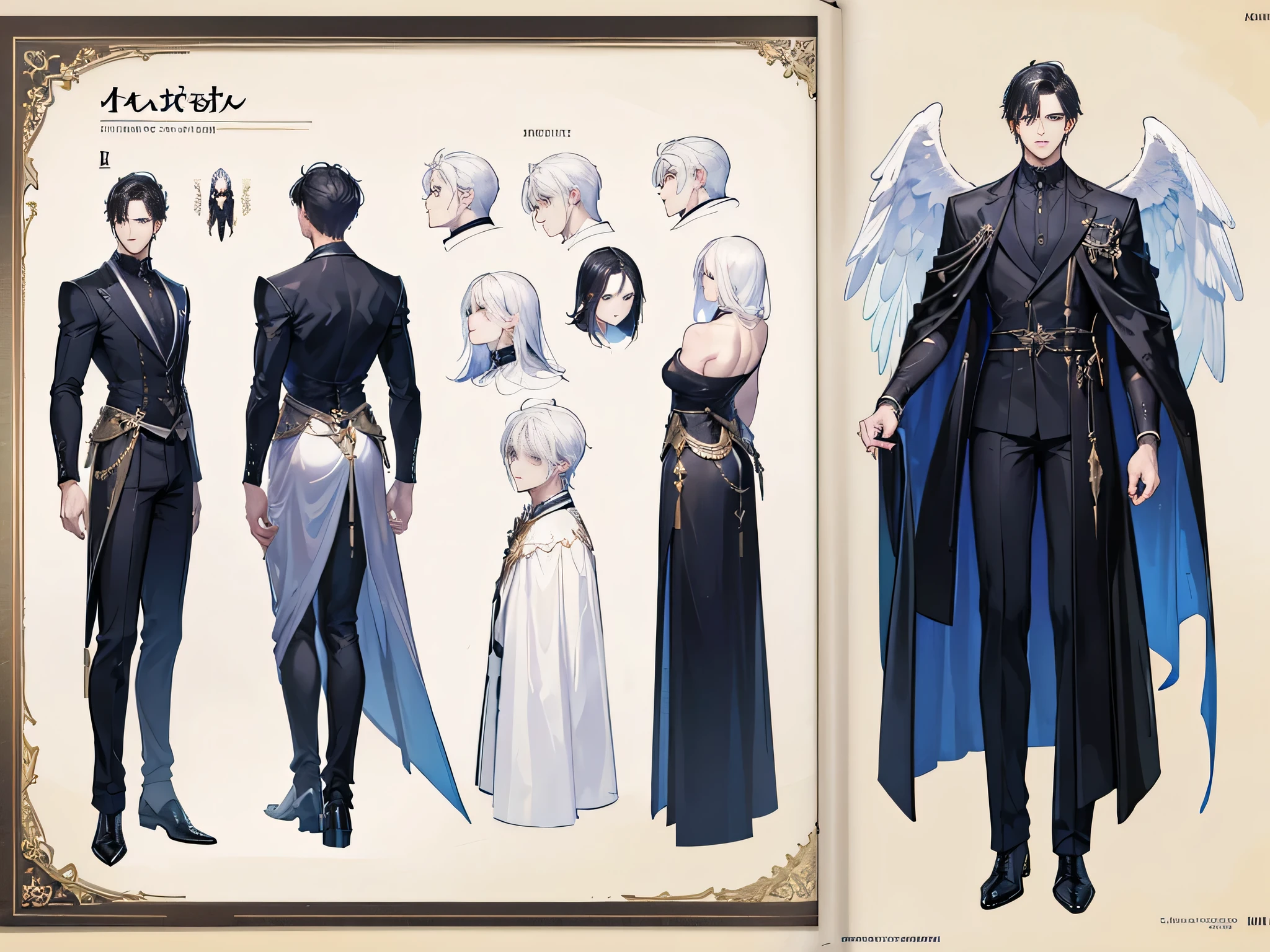 ((Masterpiece, Highest quality)), Male, boy, Detailed face, character design sheet, full bodyesbian, Full of details, frontal body view, back body view, Highly detailed, Depth, Many parts, angel wings, black hair, angel outfit, Muscle boy with white hair,handsome man, male angel , man tall,