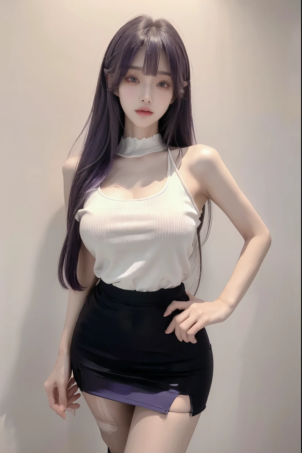 Beautiful woman with perfect body:1.4,Layered Hairstyle,Prominent cleavage,Highly detailed face and skin textures,Double eyelids,Skin Whitening,Long hair,Whitened long legs,Purple Hair,(Tight T-shirt,miniskirt,Black pantyhose)Standing on the sports field
