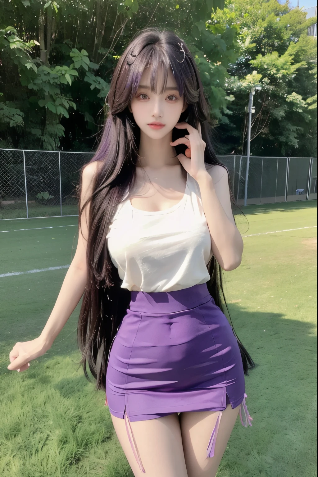Beautiful woman with perfect body:1.4,Layered Hairstyle,Prominent cleavage,Highly detailed face and skin textures,Double eyelids,Skin Whitening,Long hair,Whitened long legs,Purple Hair,(Tight T-shirt,miniskirt,Black pantyhose)Standing on the sports field