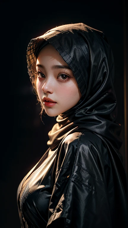 a gorgeous hijab girl in the dark scene, backlit hair, low key,  dimly lit, in the dark, deep shadow, cold light, back light lamp, best quality, detailed detail, masterpiece
