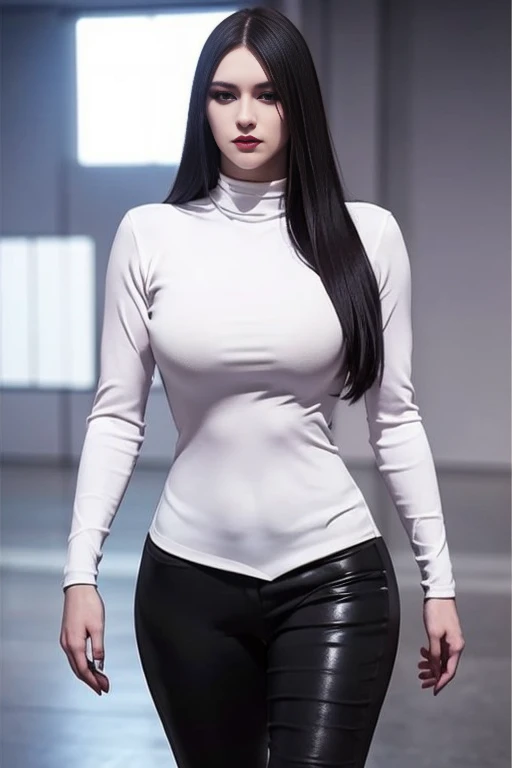 hyper realistic, 16k, best quality, masterpiece, (photorealistic:1.4), 1girl (alone), solo. Pretty young. Gothic aesthetic, goth makeup, black silky hair (realistic texture), without hair fringe,  realistic eyes, pele-white skin, illuminated skin, realistic shading, (modern) black gothic dress (realistic textures), big hips, tights. waist up, dramatic lighting, from below, front, front view, multiple different poses at different angles, glowing skin, front, back lighting, athletic figure, muscular female, curvy, wide hips, colorful, looking at viewer, Hyperrealistic, gradient background, dark background, outline, cinematic lighting, (chromatic aberration, intricate details)