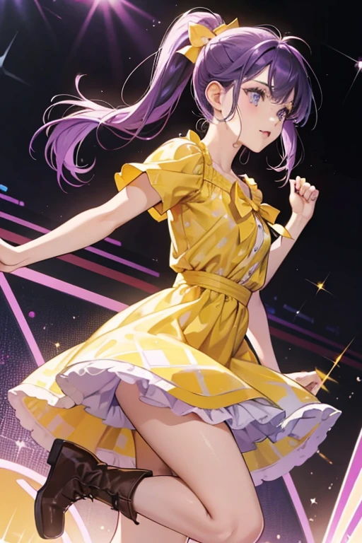 Kimi has violet hair with is tied into three ponytails. She wears a yellow dress with a purple cat  she has a pink shirt inside. She has purple cowgirl boots . SPARKLE; GLITTER