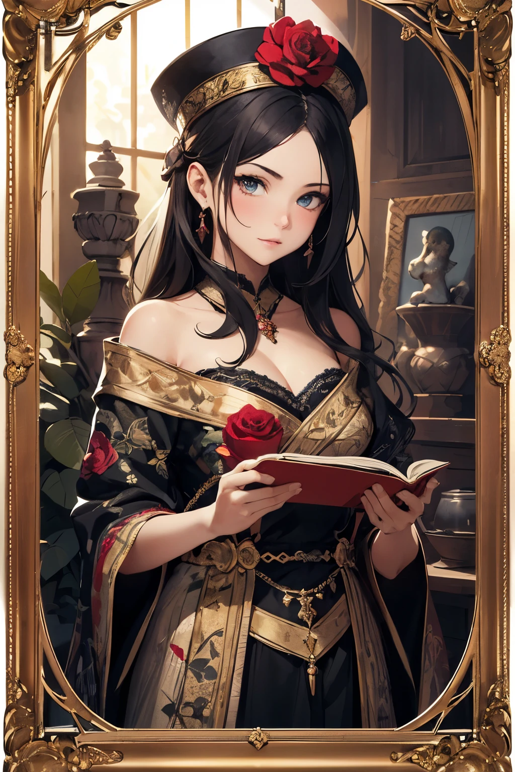 Absurd, High resolution, Ultra-detailed, (One Girl:1.3), Design images featuring beautiful calligraphy, With expressive characters, Blessed Prosperity, A sense of craftsmanship and technique、Rose decorative frame