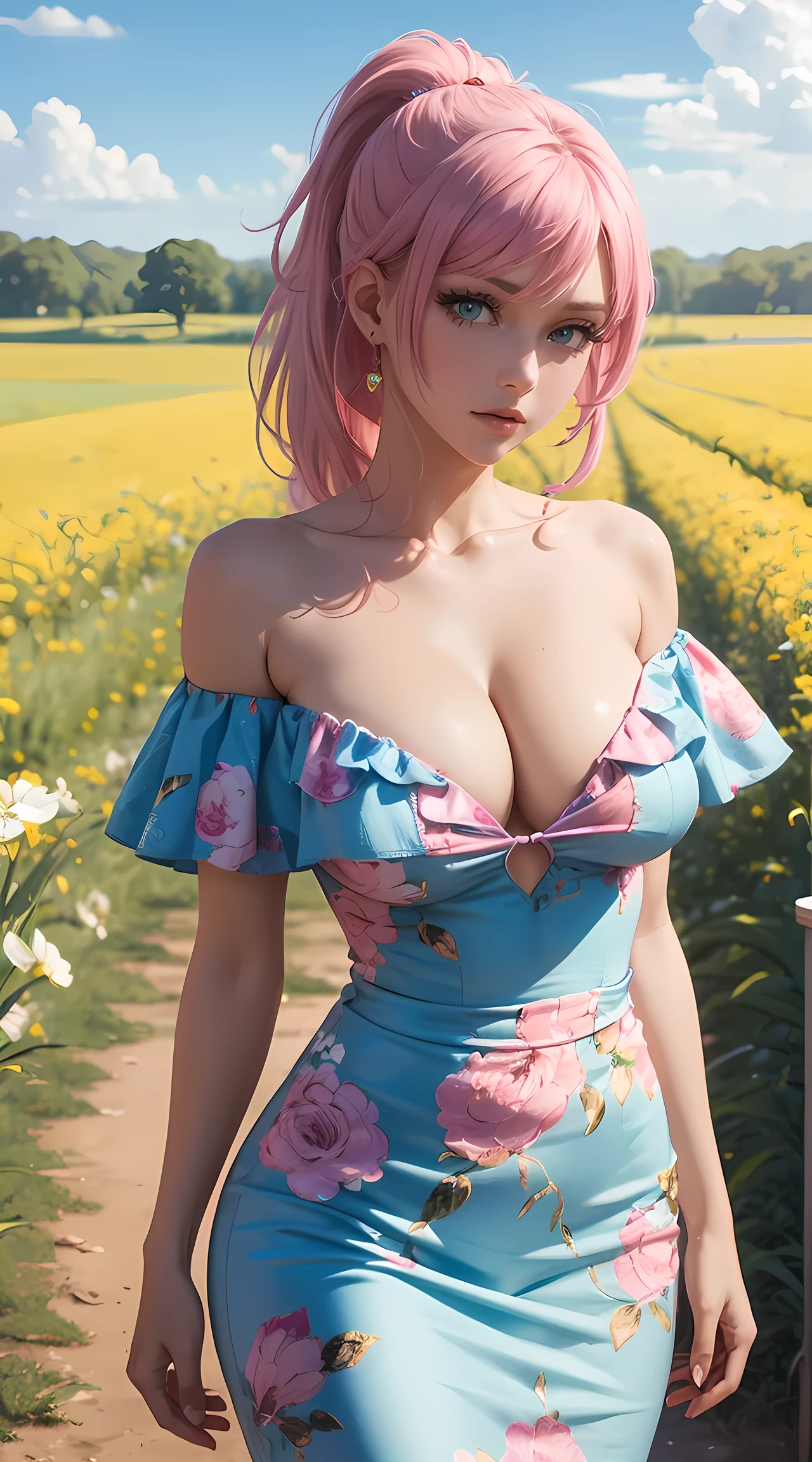 Beautiful pink hair woman is shown to have a sexy figure. She is wearing a beautiful detailed printed spring off shoulder flowy dress, jewelry, she has blue eyes, ponytail, Girl standing outside in a field, sexy session, poseing,exposed cleavage, cowboy shot, superior quality, many details, realistic