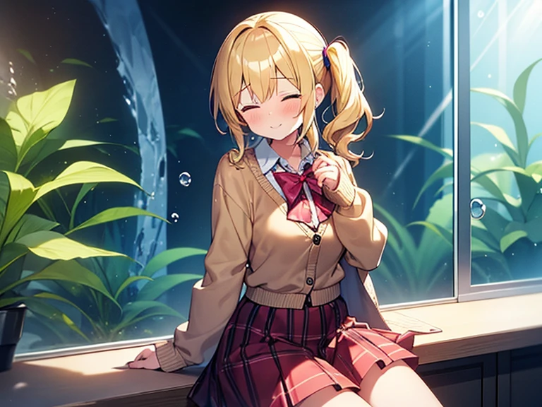 Top quality, 1 beautiful woman, junior high school student, Blonde, (side ponytail), Medium Hair, Wavy Hair, standard weight, happy, closed eyes, blush, sitting, Cardigan, frill skirt, (Neon Lights):1.3, (in aquarium building), beautiful scene, cowboy shot