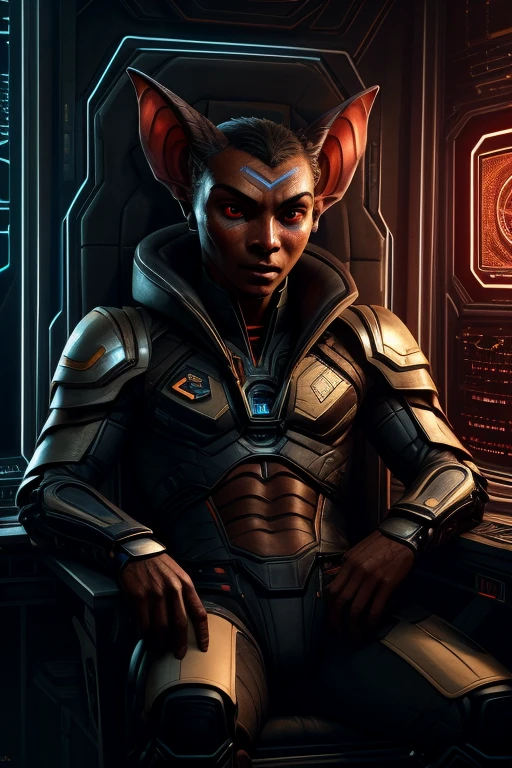 avatar, portrait, detailed face, cinematic, (humanoid alien anthropomorph bat), ((male)), wearing black high tech armor, red colored eyes with no iris, sitting in a commander chair, high tech spaceship command bridge background, dark evil environment, (art by Incase)