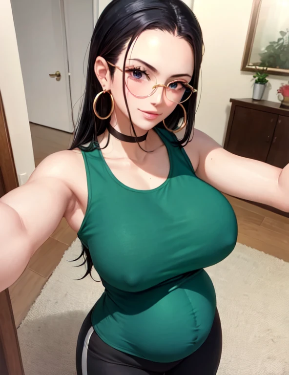 masterpiece, highest quality, Beautiful woman, whole body, Detailed hairstyle, I was sweating, Hoop Earrings, golf bangle, choker, Mature Woman, indoor, Nico Robin, sunglasses, Wear glasses on your head, Long Hair, big breast long_Tracksuits, Yoga pants、Selfie、Pregnant women