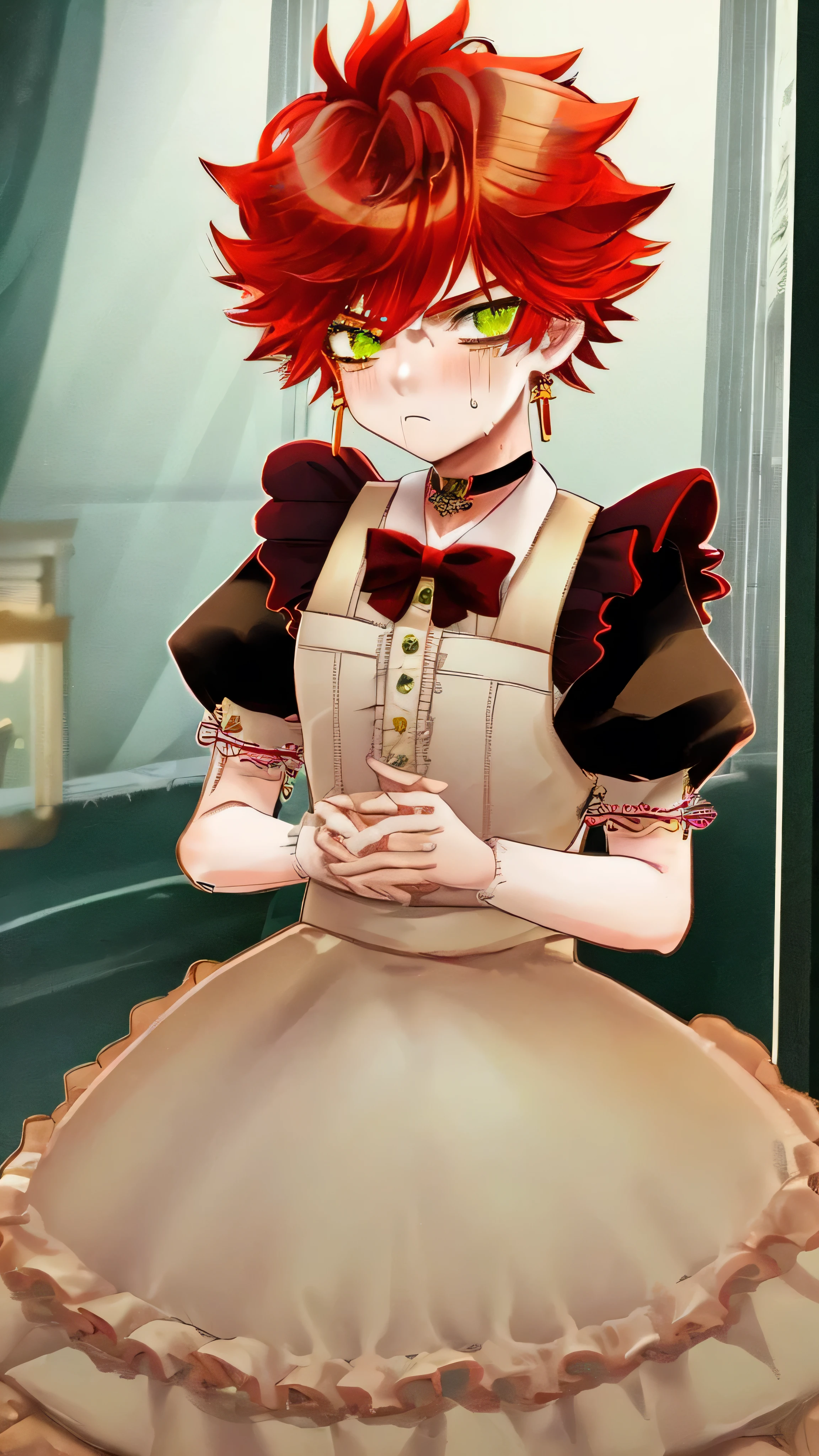 Red hair, boy, junior high school student, male, high quality, best illustration, yellow-green hair highlights, yellow-green eyes, sparkling eyes, silver earrings, maid outfit, cute outfit, choker, sexy outfit, maid cafe, embarrassed, sweat, looking grumpy, upper body only, beautiful illustration, best quality