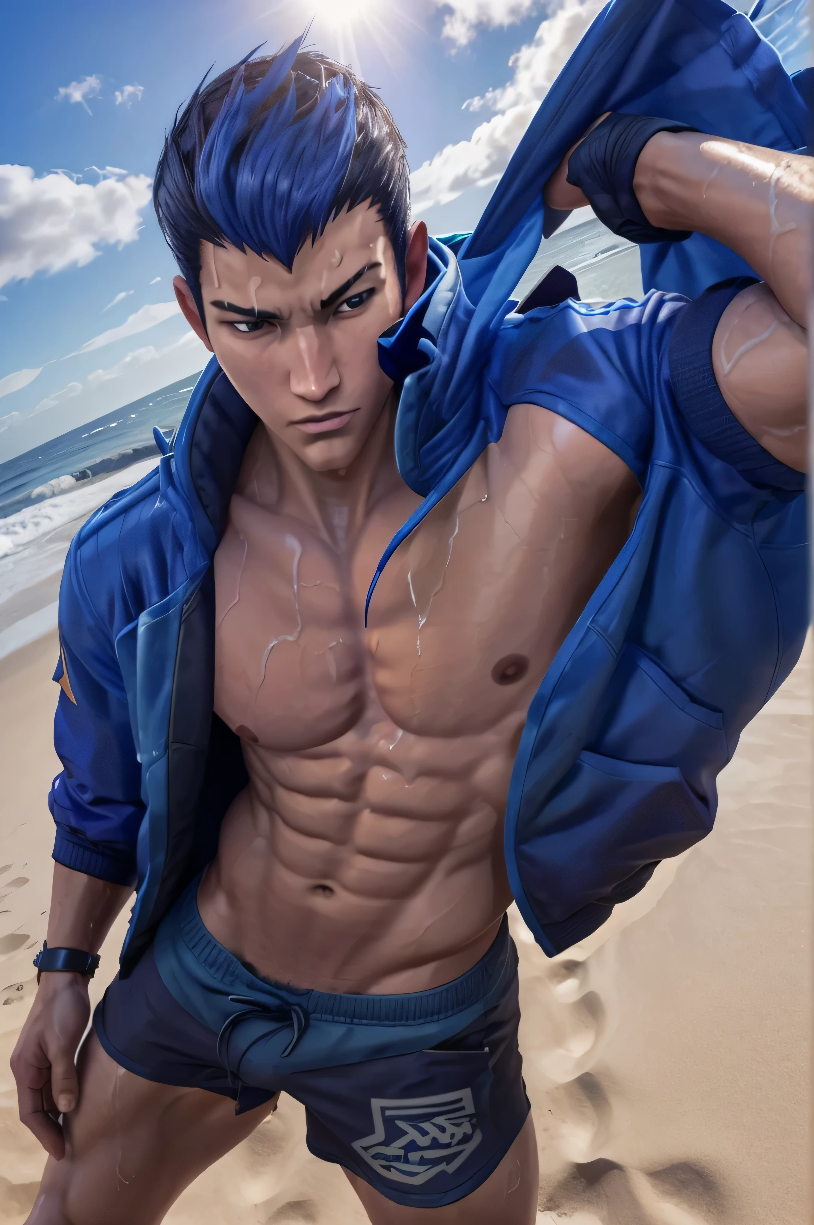 yoru valorant, average body, toned body,

shirtless, fully shirtless, topless, jacket wet, 

blue beach shorts, beach shorts in blue, blue cotton shorts, blue fabric shorts, blue bottom half, BLUE SHORTS,

bulge,

detailed eyes, beach sea background, standing in sand,

camera below, pov from below