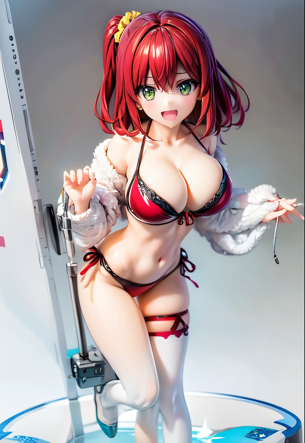 best quality, masterpiece, extremely detailed CG, official art , professional lighting, detailed background, sakimiyairuka, red hair, green eyes, one side up, medium hair, green scrunchie, hair ornament, gleaming skin, big breasts, groin, playboy bunny,(black pantyhose, bowtie, wrist cuffs)