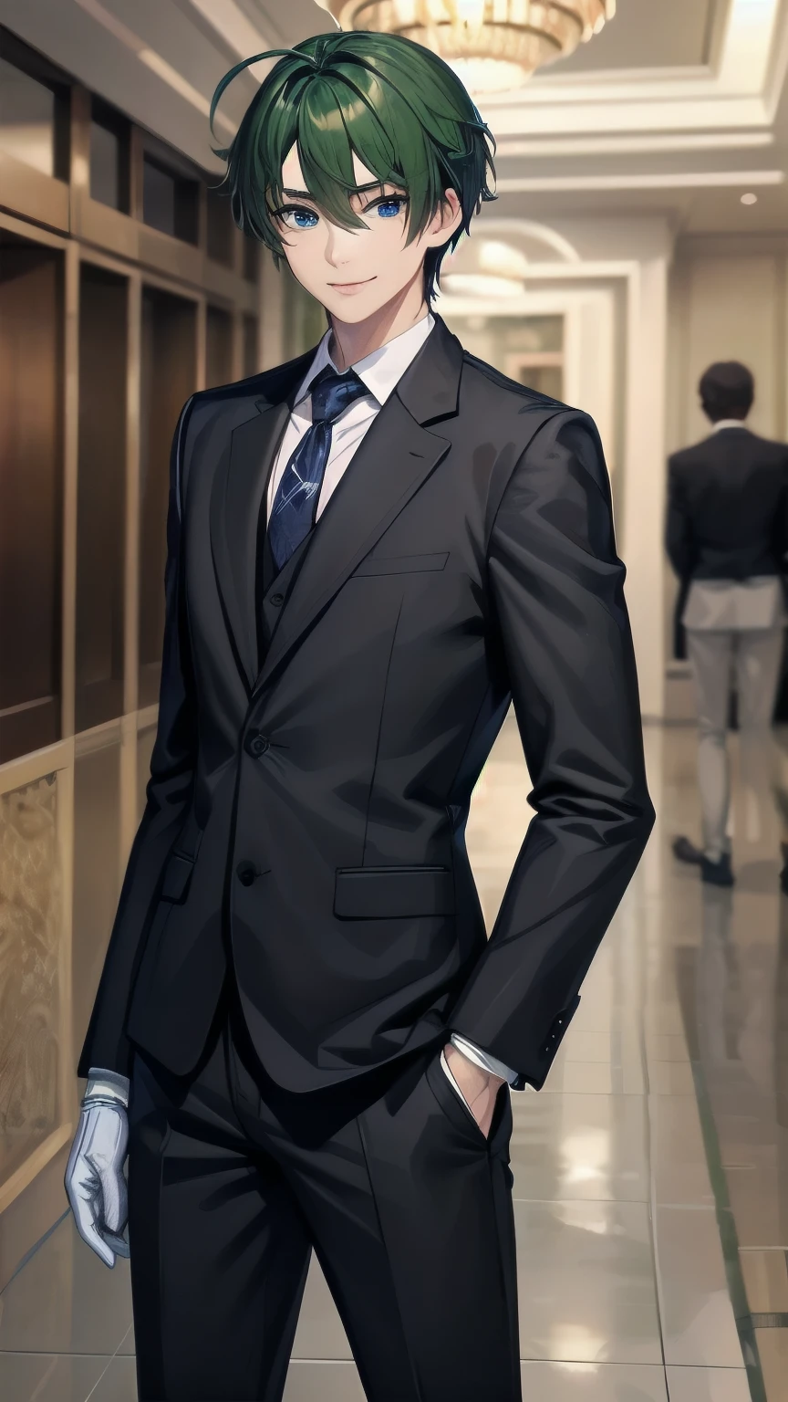 (masterpiece), ((sfw)), best quality, expressive eyes, perfect face, mature male, ((1boy, adult Man)), young adult, young man, solo, Green hair BREAK ahoge, blue eyes BREAK formal outfit, black outfit, necktie, white gloves BREAK standing, smile, fancy lobby, indoors,(crowd, people), male focus, looking_at_viewer, indoors, ((fancy hotel, lobby)) , 