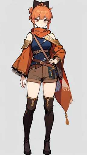 Victorian style, British background, full body picture, figure, Standing image,Full body picture，figure设定图，Three views of charactermorpg，Apricot hair，High Ponytail，Holding a bow and arrow，Archer，1 girl，Imperial sister body type，Carrying a bow and arrow bag on the back，Western Fantasy Adventure，西幻Archer，Brown shorts，feather，Thigh-high boots that go above the knee，Arm Guard，travelling poet，Owl on shoulder，Tassel-decorated ethnic scarf。