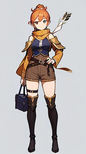 Victorian style, British background, full body picture, figure, Standing image,Full body picture,figure设定图,Three views of charactermorpg,Apricot hair,High Ponytail,Holding a bow and arrow,Archer,1 girl,Imperial sister body type,Carrying a bow and arrow bag on the back,Western Fantasy Adventure,西幻Archer,Brown shorts,feather,Thigh-high boots that go above the knee,Arm Guard,travelling poet,Owl on shoulder,Tassel-decorated ethnic scarf。