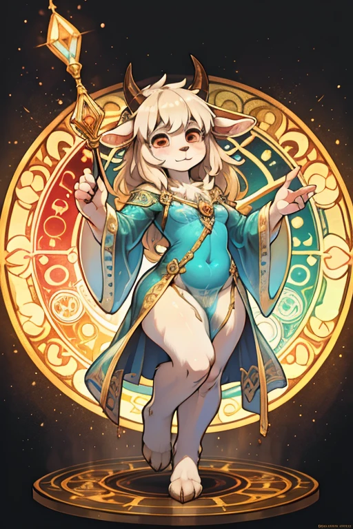(Mucha style:1.1) , hairy Short stature goat girl , (realistic hairy fur:1.2) , round face , (tilt face:1.2) , round eyes , Swollen cheeks , glossy lips , in the fantasy , floating body , Alchemist , (transparent stick robe) , dynamic pose , Flying fairies