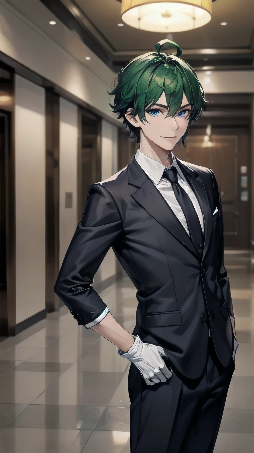 (masterpiece), ((sfw)), best quality, expressive eyes, perfect face, mature male, ((1boy, adult Man)), young adult, young man, solo, Green hair BREAK ahoge, blue eyes BREAK formal outfit, black outfit, necktie, white gloves BREAK standing, smile, fancy lobby, indoors,(crowd, people), male focus, looking_at_viewer, indoors, ((fancy hotel, lobby)) , 