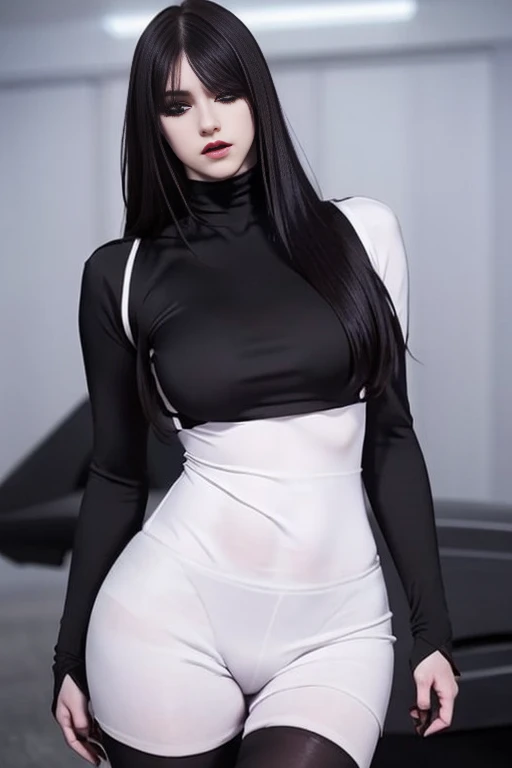 hyper realistic, 16k, best quality, masterpiece, (photorealistic:1.4), 1girl (alone), solo. Pretty young. Gothic aesthetic, goth makeup, black silky hair (realistic texture), without hair fringe, realistic eyes, pele-white skin, illuminated skin, realistic shading, (modern) black gothic dress (realistic textures), big hips, tights. waist up, dramatic lighting, from below, front, front view, multiple different poses at different angles, glowing skin, front, back lighting, athletic figure, muscular female, curvy, wide hips, colorful, looking at viewer, Hyperrealistic, gradient background, dark background, outline, cinematic lighting, (chromatic aberration, intricate details)