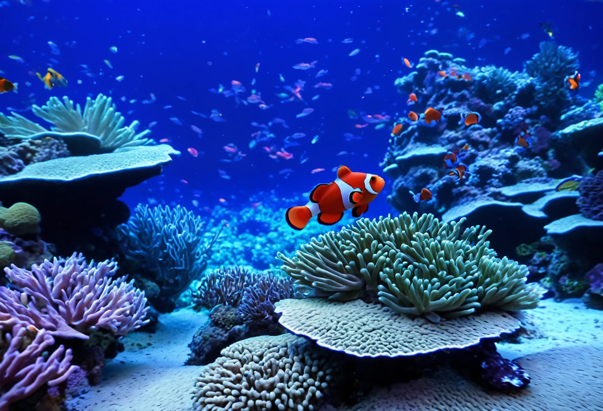 a close up of a fish in an aquarium with many different colored fish, clown fish, coral reef, fish swimming around, tropical reef, coral reefs, fishes swimming, finding nemo, colorful fish, see fishes swimming, under water scenery, tropical fish, realistic scene, fishes, aquatic life, aquarium, incredible depth, aquarium life, underwater scene, underwater life, reefs