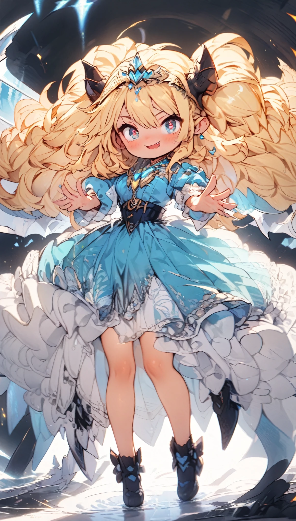 masterpiece, best quality, extremely detailed, high resolution, Japanese anime,1girl, blonde hair, (medium length hair:1.4), side braid hair, curly hair, wavy hair, drill hair, curl outward hair,dragon horn, mechanical wing, (vampire:1.2), (Blue eyes:1.5), (beautiful detailed eyes:1.4), laugh, 130cm tall, original character, fantasy, (black background:1.2), (full body:1.8), beautiful fingers, standing, (Blue black lace frill dress:1.5), (bejeweled tiara:1.5) ,
