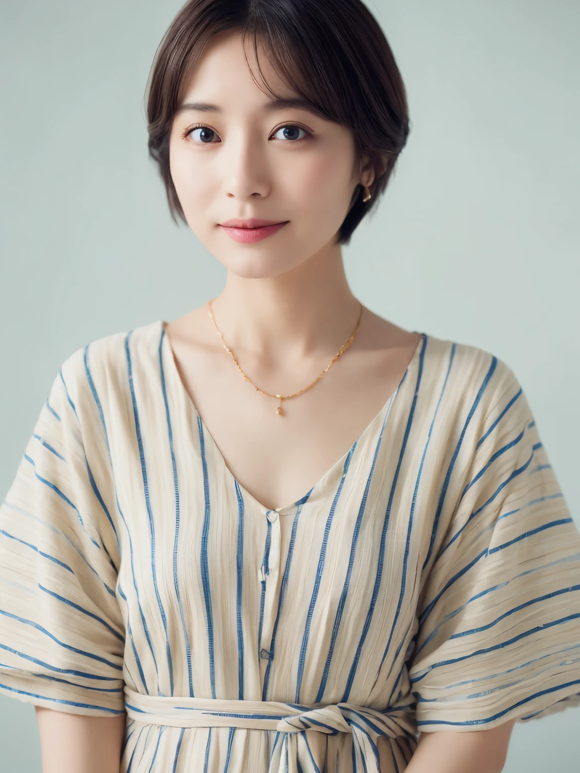 (highest quality、8k、32k、masterpiece、Hmph:1.2)、Photo of beautiful Japan woman in her 30s、very short hair、short hair、Shortcuts、Upper Body、necklace、Shooting from the sky、Don&#39;t look at the camera、(Realistic、Photorealistic:1.37)、1 girl、Photographed in natural light、Physically Based Rendering、Excellent image quality、High resolution、1080p、(Detailed facial depiction)、(Detailed description of the hands)、(Detailed CG)、Rich details、(exquisite features)、(Best image quality)、(masterpiece)、(Beautiful Eyes)、Delicate clavicle、Various poses、profile、White wall、In front of a white door、(窓のあるWhite wallの部屋)、Earrings、Laughter、Spring Clothes、((Pastel long sleeve dress))