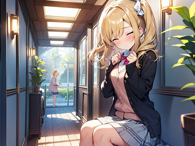 Top quality, 1 beautiful woman, junior high school student, Blonde, (side ponytail), Medium Hair, Wavy Hair, standard weight, delighted, closed eyes, blush, sitting, Cardigan, frill skirt, (Hallway Nightlight):1.3, (in aquarium building), beautiful scene, cowboy shot