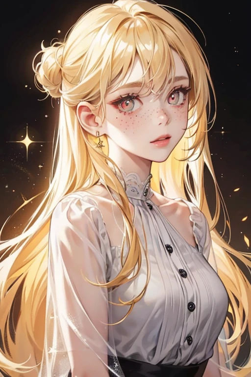 Melinda was a pale peach color. She had a pair of white eyes with black pupils and blonde hair. She also has freckles. SPARKLE; GLITTER