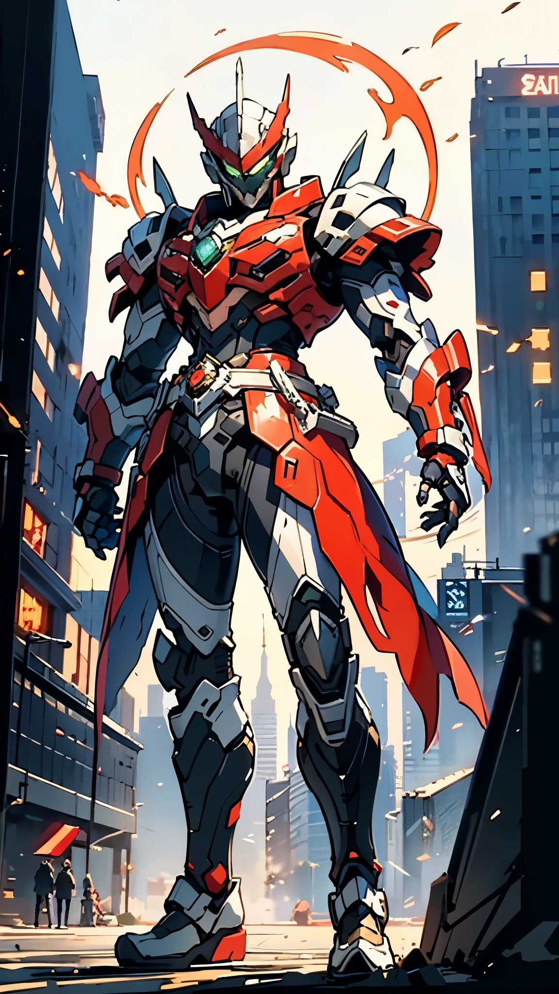 A man wearing a full-face helmet, a fantasy-style biomecha armored combat suit, green eyes, a composite layered chest armor, fully enclosed shoulder guards, matching arm and leg guards, the belt is adorned with dragon claw grasping orbs, primarily black with red accents, the design balances heavy with agility, a high-tech biological armor, concept inspired by dragons,stand on the top of a skyscraper in a futuristic sci-fi city, this character embodies a finely crafted fantasy-surreal style armored hero in anime style, exquisite and mature manga art style, ((male:1.5, element, plasma, energy)), metallic, real texture material, dramatic, high definition, best quality, highres, ultra-detailed, ultra-fine painting, extremely delicate, professional, perfect body proportions, golden ratio, anatomically correct, symmetrical face, extremely detailed eyes and face, high quality eyes, creativity, RAW photo, UHD, 32k, Natural light, cinematic lighting, masterpiece-anatomy-perfect, masterpiece:1.5