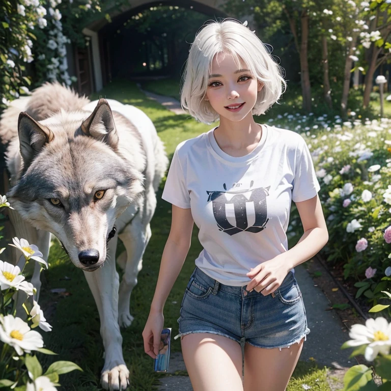 Walking in a flower tunnel, Tunel of flowers windy weather, white wolf、 ((highest quality、masterpiece、8k、best image quality、ultra high resolution、Award-winning work)、(accurate anatomy:1.1)、(look at me and smile:1.1)、Shining fair skin with ultra high resolution、most detailed face、ultra high resolution detailed face、white short hair flowing 、Beautiful face drawn in every details,T shirt and shorts, modest breast , real wolf beside the girl