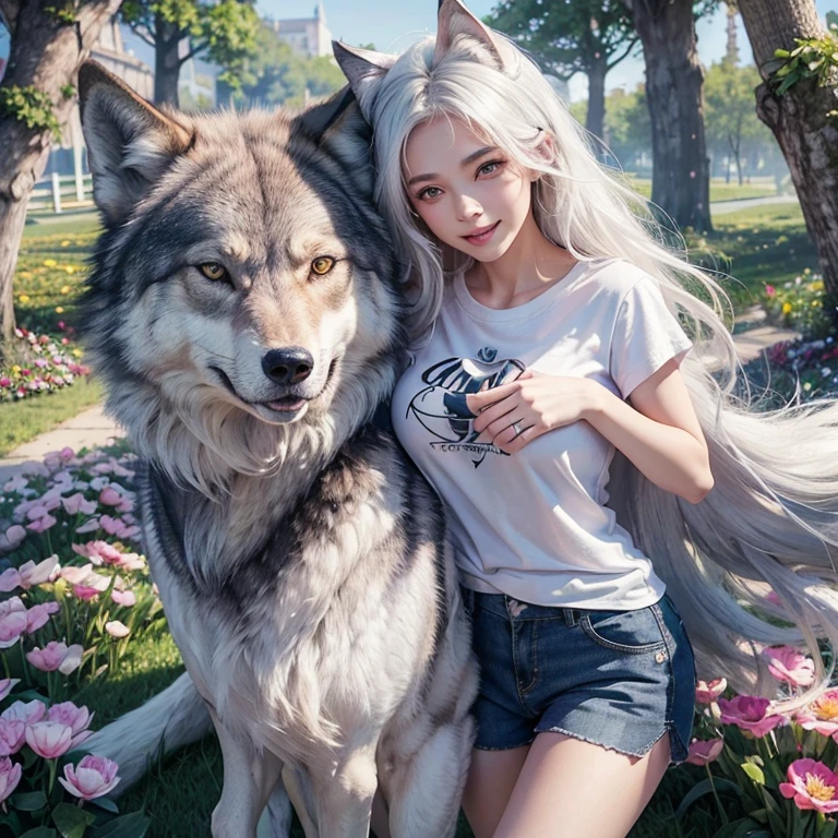 Walking in a flower tunnel, Tunel of flowers windy weather, white wolf、 ((highest quality、masterpiece、8k、best image quality、ultra high resolution、Award-winning work)、(accurate anatomy:1.1)、(look at me and smile:1.1)、Shining fair skin with ultra high resolution、most detailed face、ultra high resolution detailed face、white short hair flowing 、Beautiful face drawn in every details,T shirt and shorts, modest breast , real wolf beside the girl