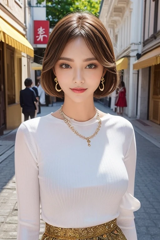 highest quality, Very detailed, masterpiece, 1 person,woman,(((完璧なwomanの体))),Very beautiful face, Very beautiful body,Gentle expression, Very beautiful eyes,(Perfect Makeup:1.1),Fashion Model,Short Bob Hair,Shaggy Hair,Hair Bun,Chestnut Hair:1.3, Very thin body,Smart Abs,Striped blouse,Cotton Long Skirt,necklace,anklet,Elegant pumps,A kind smile,Upper body portrait,(Shopping street background:1.3), (Shiny skin),(Earrings),
