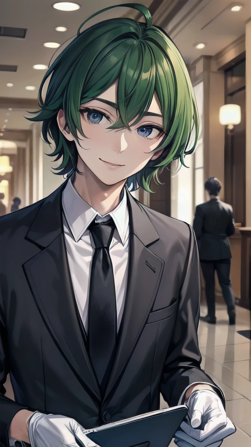(masterpiece), ((sfw)), best quality, expressive eyes, perfect face, mature male, ((1boy, adult Man)), young adult, young man, solo, Green hair BREAK ahoge, blue eyes BREAK formal outfit, black outfit, necktie, white gloves BREAK standing, smile, fancy lobby, indoors,(crowd, people), male focus, looking_at_viewer, indoors, ((fancy hotel, lobby)) ,