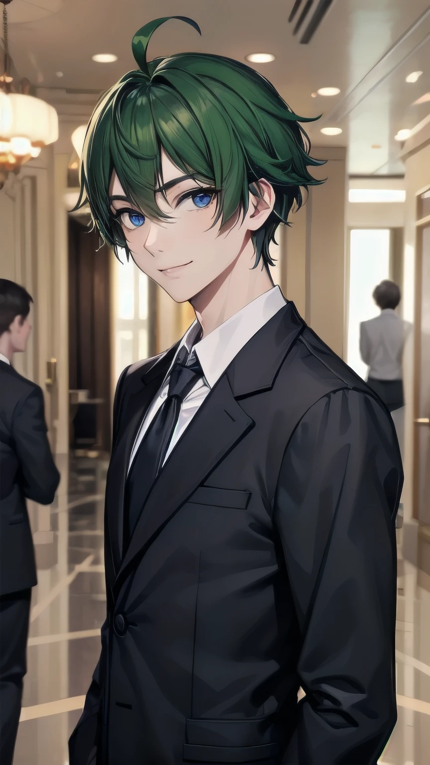 (masterpiece), ((sfw)), best quality, expressive eyes, perfect face, mature male, ((1boy, adult Man)), young adult, young man, solo, Green hair BREAK ahoge, blue eyes BREAK formal outfit, black outfit, necktie, white gloves BREAK standing, smile, fancy lobby, indoors,(crowd, people), male focus, looking_at_viewer, indoors, ((fancy hotel, lobby)) , 