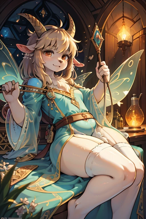 (Mucha style:1.1) , hairy Short stature goat girl , (realistic hairy fur:1.2) , round face , (tilt face:1.2) ,  round eyes , Swollen cheeks , glossy lips , in the fantasy , floating body , Alchemist , (transparent stick robe) , dynamic pose , Flying fairies , lying