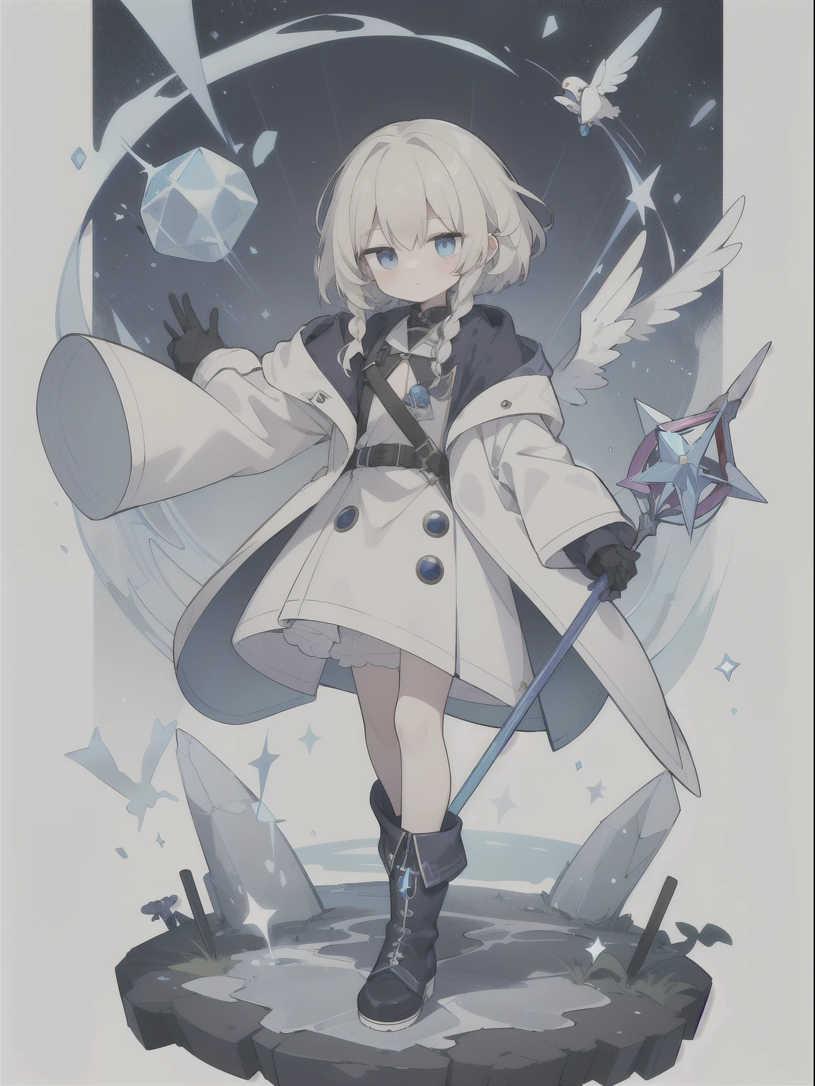 Unknown gender,Age unknown,Platinum blonde curly short hair,Partial long hair braids,Ice Blue Eyes,White coat-like jacket,The clothes inside are navy blue,Boots underfoot,Flying in the sky,Alchemist,He is casting spells while holding a large staff with a red jewel on it.
