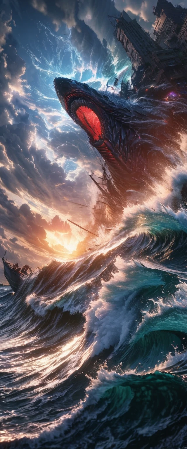 An enormous tsunami, boats trapped in the waves, epic, cinematic lighting, masterpiece, HD hyper-realistic, 8k, destructive force, towering wall of water, swirling currents, intense chaos, dramatic atmosphere, massive power and destruction, fear and awe-inducing scene, majestic size, dramatic sky, dark and ominous clouds, crashing waves, turbulent sea, wreckage and debris, courageous sailors fighting against the waves, hauntingly beautiful yet dangerous, adrenaline-pumping action, impending disaster, breathtaking view, tremendous energy, survival against all odds, overwhelming force of nature, captivating and suspenseful, wide-angle view, dynamic composition, vibrant colors, high dynamic range, detailed textures, dramatic shading, immersive experience.