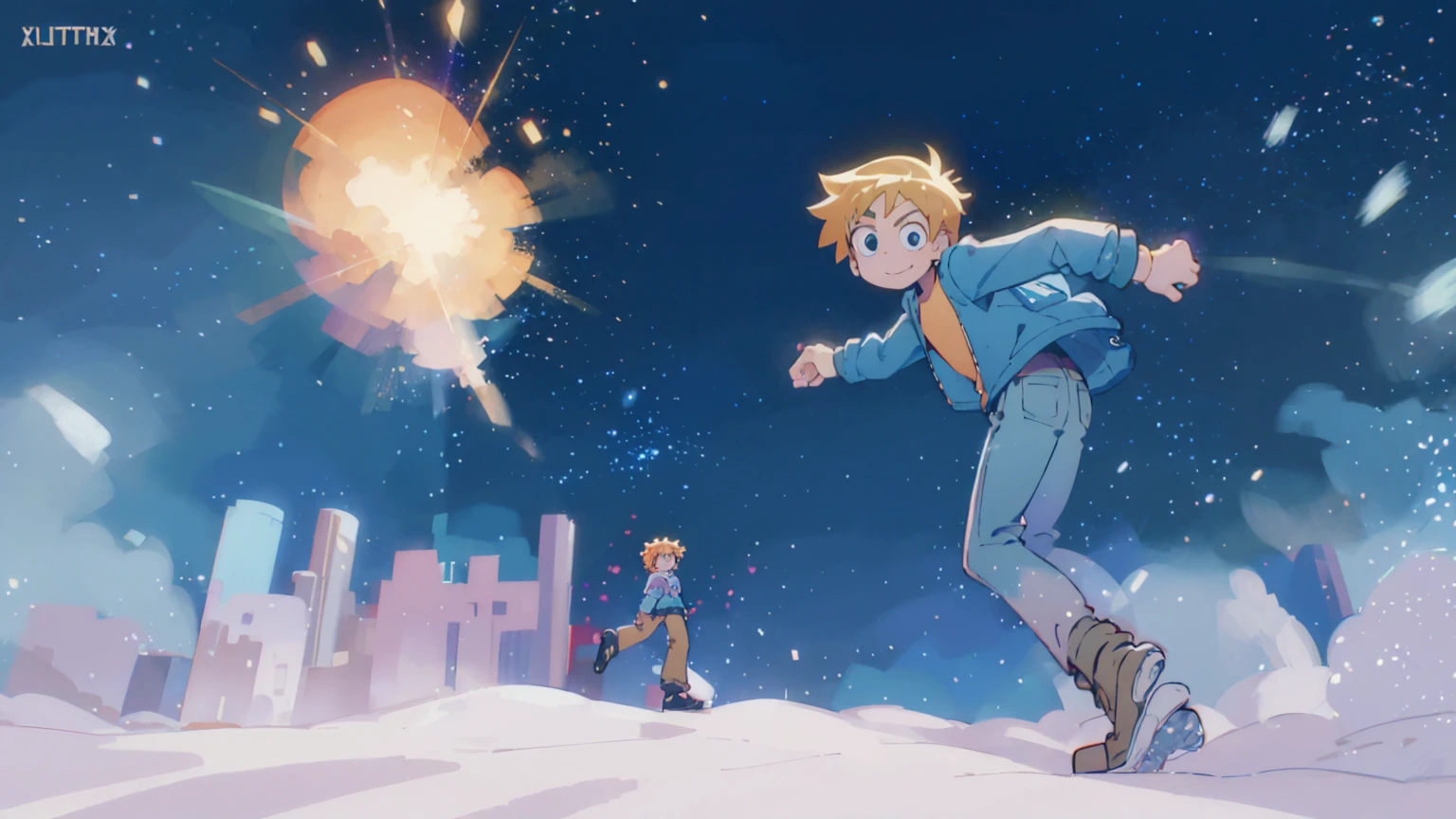 Scott Pilgrim Takes Off A boy Scott Pilgrim Orange hair shirt jacket thick eyebrows Canada A man standing in the snow looking at the camera smiling full-body shot perfect illustration, ultra-detailed, HDR, vibrant colors, soft lighting official art