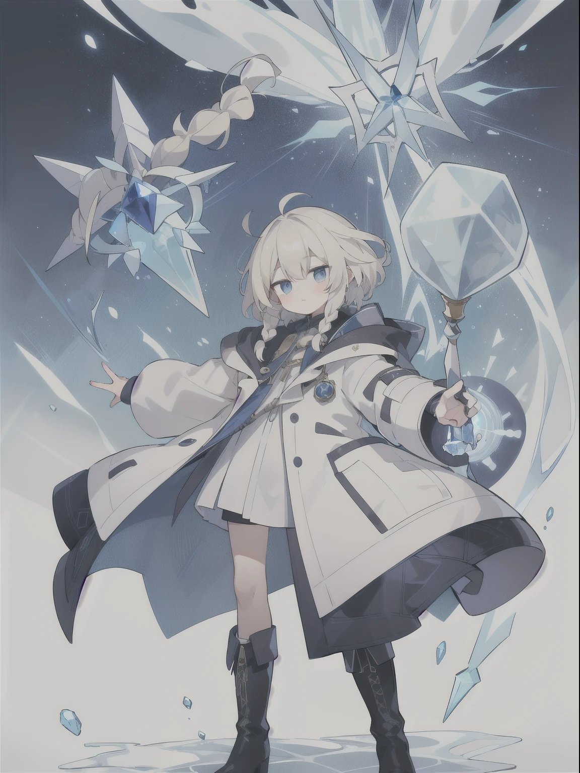 Unknown gender,Age unknown,Platinum blonde curly short hair,Partial long hair braids,Ice Blue Eyes,White coat-like jacket,The clothes inside are navy blue,Boots underfoot,Flying in the sky,Alchemist,He is casting spells while holding a large staff with a red jewel on it.