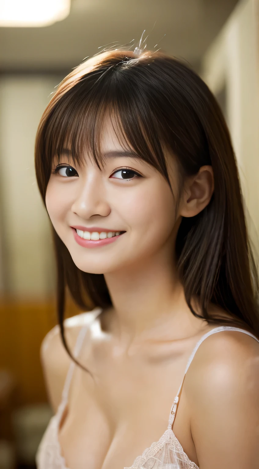 masterpiece,best quality,(Japanese ),((Beautiful girl)),cleavage,indoor,(perfect body beauty:1.2),(shy smile),beautiful teeth,