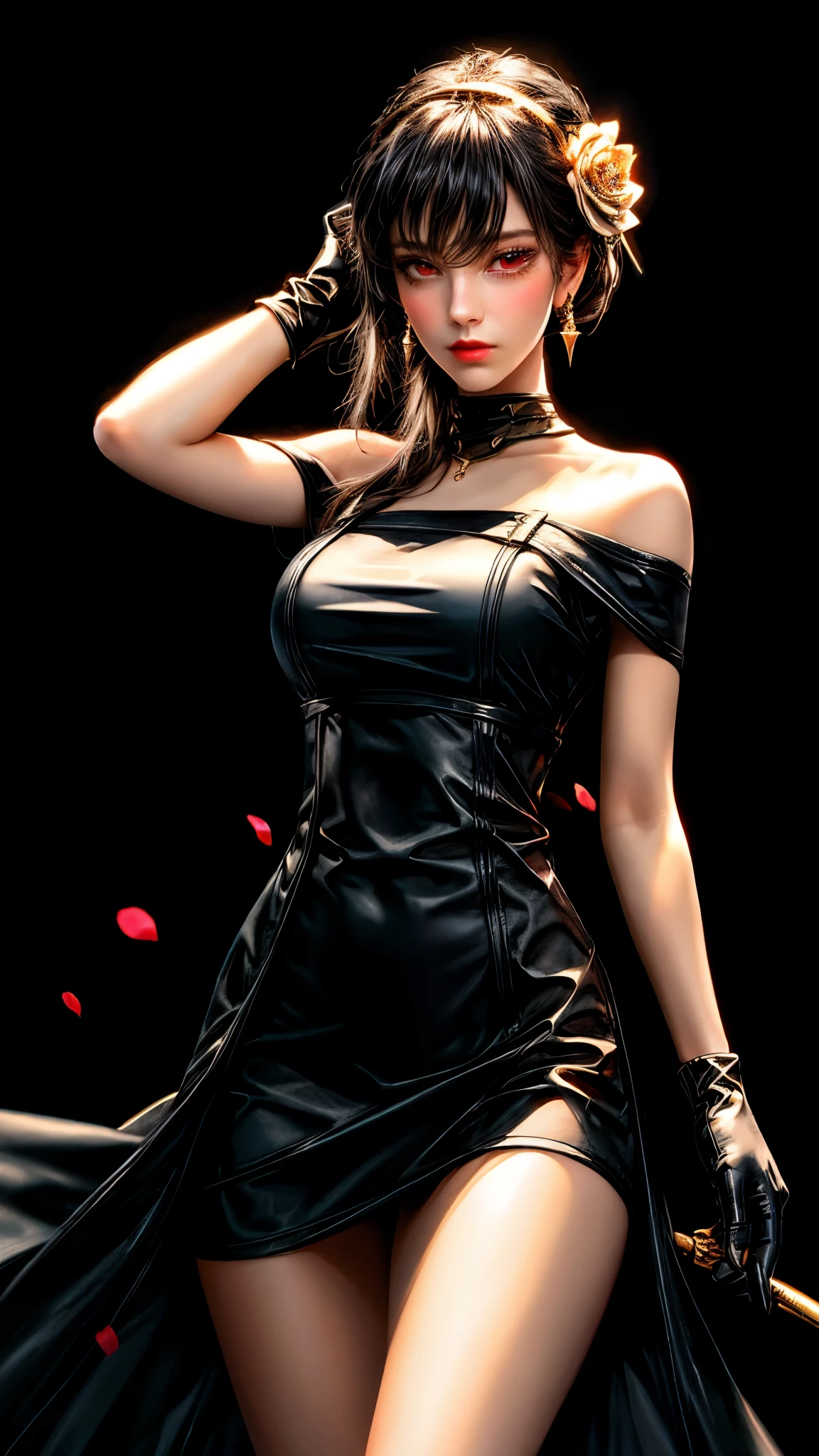 yor briar, (photorealistic), beautiful girl, 

backlighting, bare shoulders, black background, black dress, black gloves, black hair, large breasts, closed mouth, cowboy shot, dress, earrings, expressionless, fingerless gloves, floating hair, gloves, gold earrings, gold hairband, hair flower, hair ornament, hairband, jewelry, large breasts, light particles, long hair, looking at viewer, off-shoulder dress, off shoulder, petals, red eyes, short hair with long locks, sidelocks, solo, spikes, thick thighs, curvy hips, two-sided dress, two-sided fabric

, ((masterpiece))