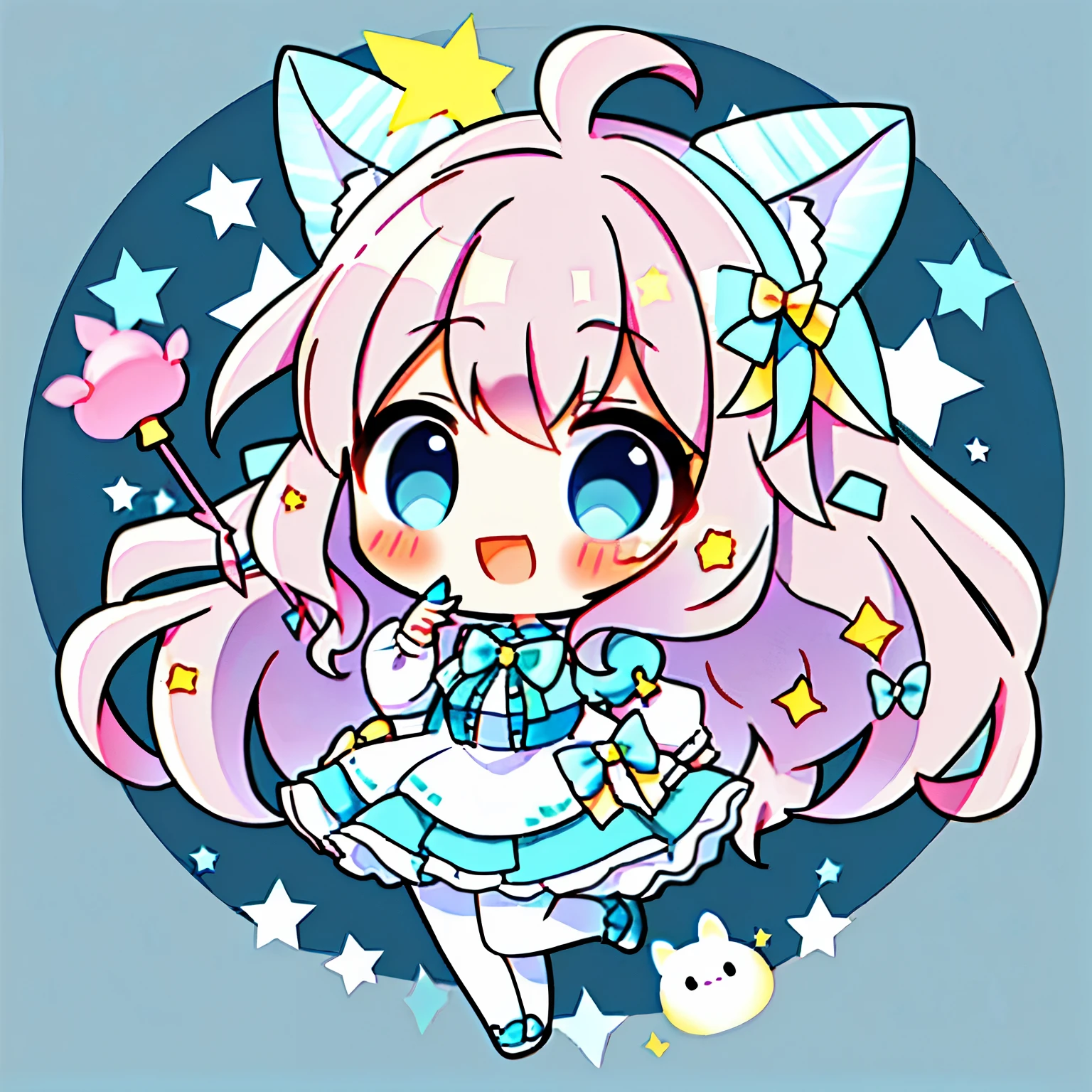 Chibi、1girl in, Animal ears, Aurora colored hair, Long hair, Hareful, Open mouth, Smile, Rabbit ears, Bow, Solo, simple white back ground, Dress, pantyhose, walls, Blue eyes, Looking at Viewer, :D, Full body, nail polish, Striped, Holding, Arm up, Hair Bow, Long sleeves, Puffy sleeves, Aqua Footwear, shoes, blue footwear, Jumping, animal, blush, argyle, Star (symbol), holding wand, bow ribbon,