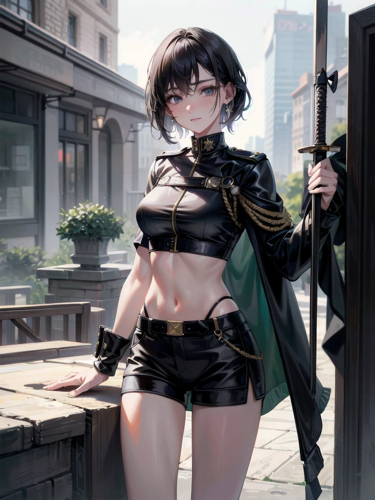 whole body, long sword, Black military uniform, Ladies' military vests, absurdres, RAW photo, extremely delicate and beautiful, masterpiece, Best Quality, ultra high resolution, 32k, hyperrealistic, ultra-detailed, tearful mole, earring, short medium hair, wavy hair, urban backdrop, shorts, midriff,