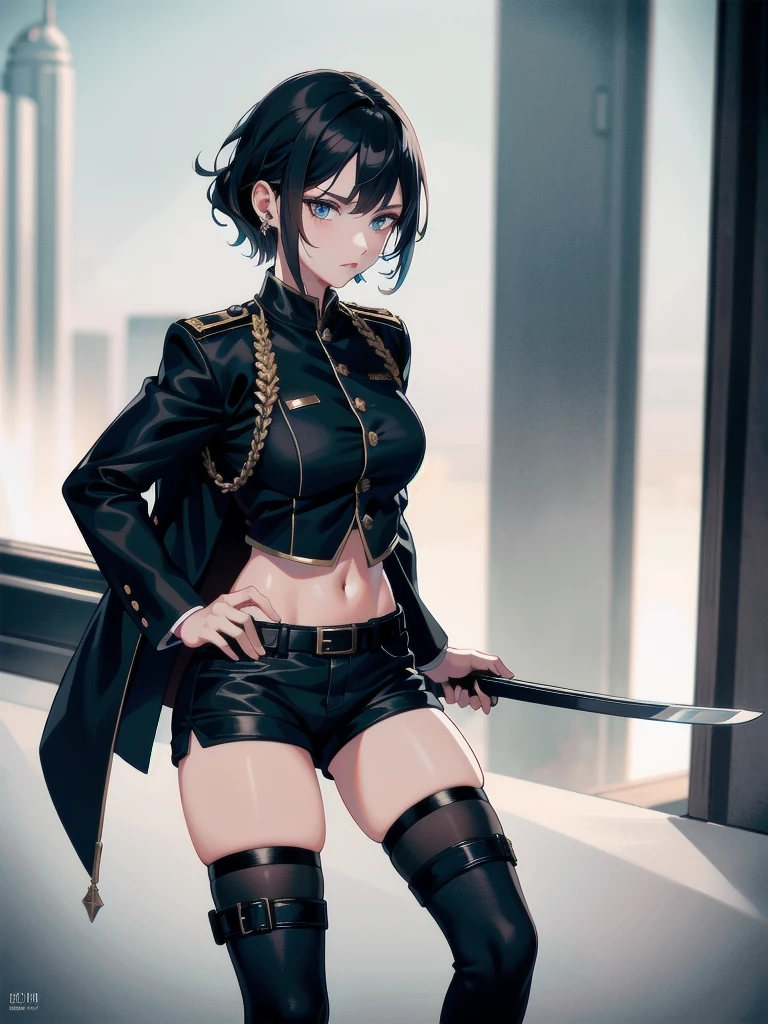 whole body, long sword, Black military uniform, Ladies' military vests, absurdres, RAW photo, extremely delicate and beautiful, masterpiece, Best Quality, ultra high resolution, 32k, hyperrealistic, ultra-detailed, tearful mole, earring, short medium hair, wavy hair, urban backdrop, shorts, midriff, 