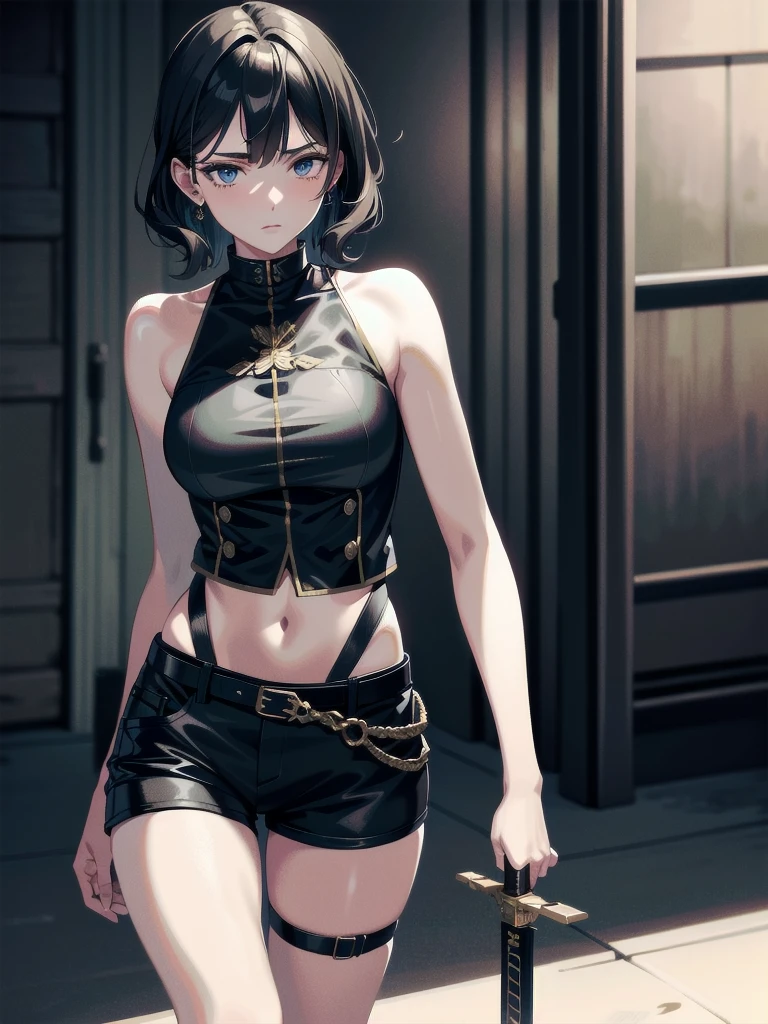 whole body, long sword, Black military uniform, Ladies' military vests, absurdres, RAW photo, extremely delicate and beautiful, masterpiece, Best Quality, ultra high resolution, 32k, hyperrealistic, ultra-detailed, tearful mole, earring, short medium hair, wavy hair, urban backdrop, shorts, midriff,