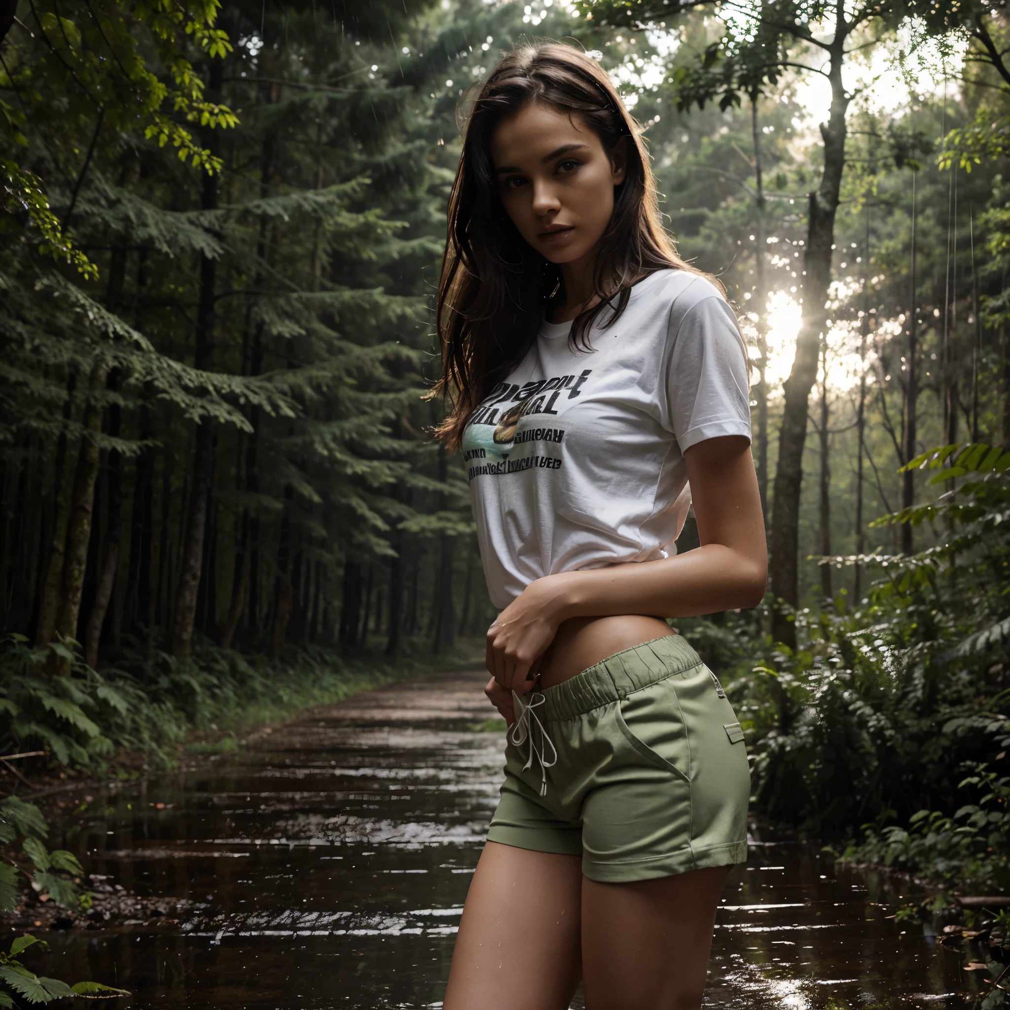 Fashion model in the forest in the rain, Twilight, wearing shorts and a T-shirt