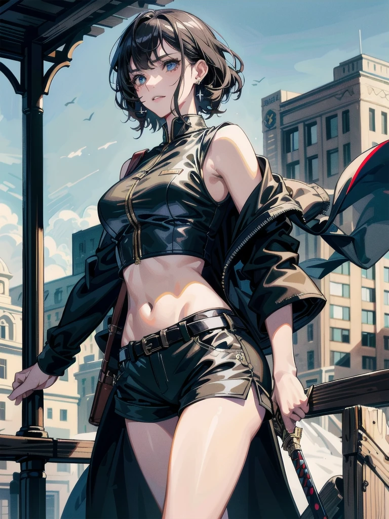 whole body, long sword, Black military uniform, Ladies' military vests, absurdres, RAW photo, extremely delicate and beautiful, masterpiece, Best Quality, ultra high resolution, 32k, hyperrealistic, ultra-detailed, tearful mole, earring, short medium hair, wavy hair, urban backdrop, shorts, midriff,