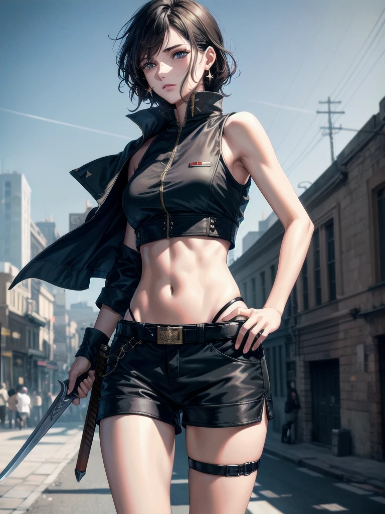 whole body, long sword, Black military uniform, Ladies' military vests, absurdres, RAW photo, extremely delicate and beautiful, masterpiece, Best Quality, ultra high resolution, 32k, hyperrealistic, ultra-detailed, tearful mole, earring, short medium hair, wavy hair, urban backdrop, shorts, midriff, 