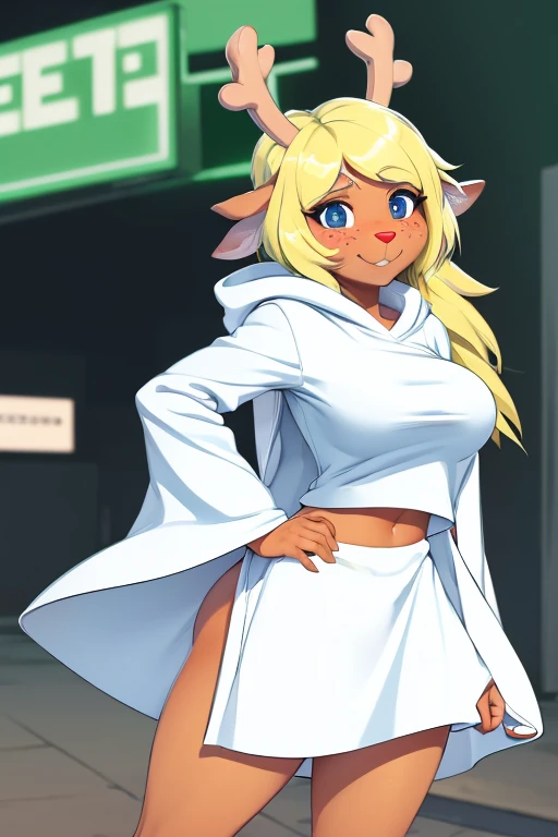 (noelle, furry female anthro, blonde hair, deer girl, red deer nose, white eyes, white pupils, white robe, hooded robe, big breasts, midriff), hands on hips, wide hips, green neon city, smiling, blushing