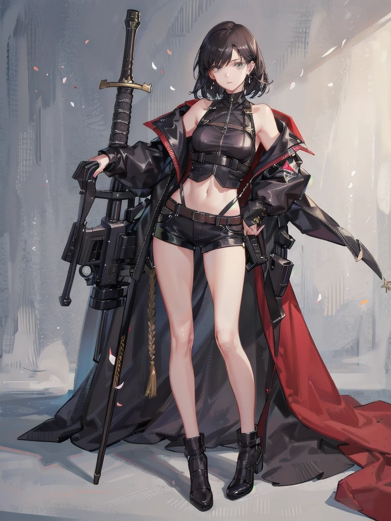 whole body, long sword, Black military uniform, Ladies' military vests, absurdres, RAW photo, extremely delicate and beautiful, masterpiece, Best Quality, ultra high resolution, 32k, hyperrealistic, ultra-detailed, tearful mole, earring, short medium hair, wavy hair, urban backdrop, shorts, midriff,